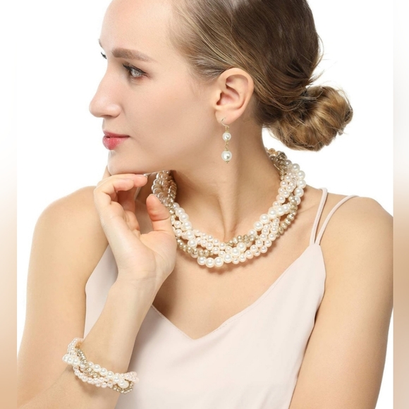 NEW Layered Twisted Gold Faux Pearl Choker Chunky Necklace Earrings Bracelet Set - Picture 7 of 7
